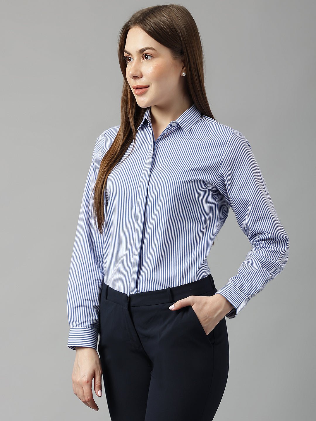Women White&Blue Stripes Pure Cotton Slim Fit Formal Shirt - #folk republic#