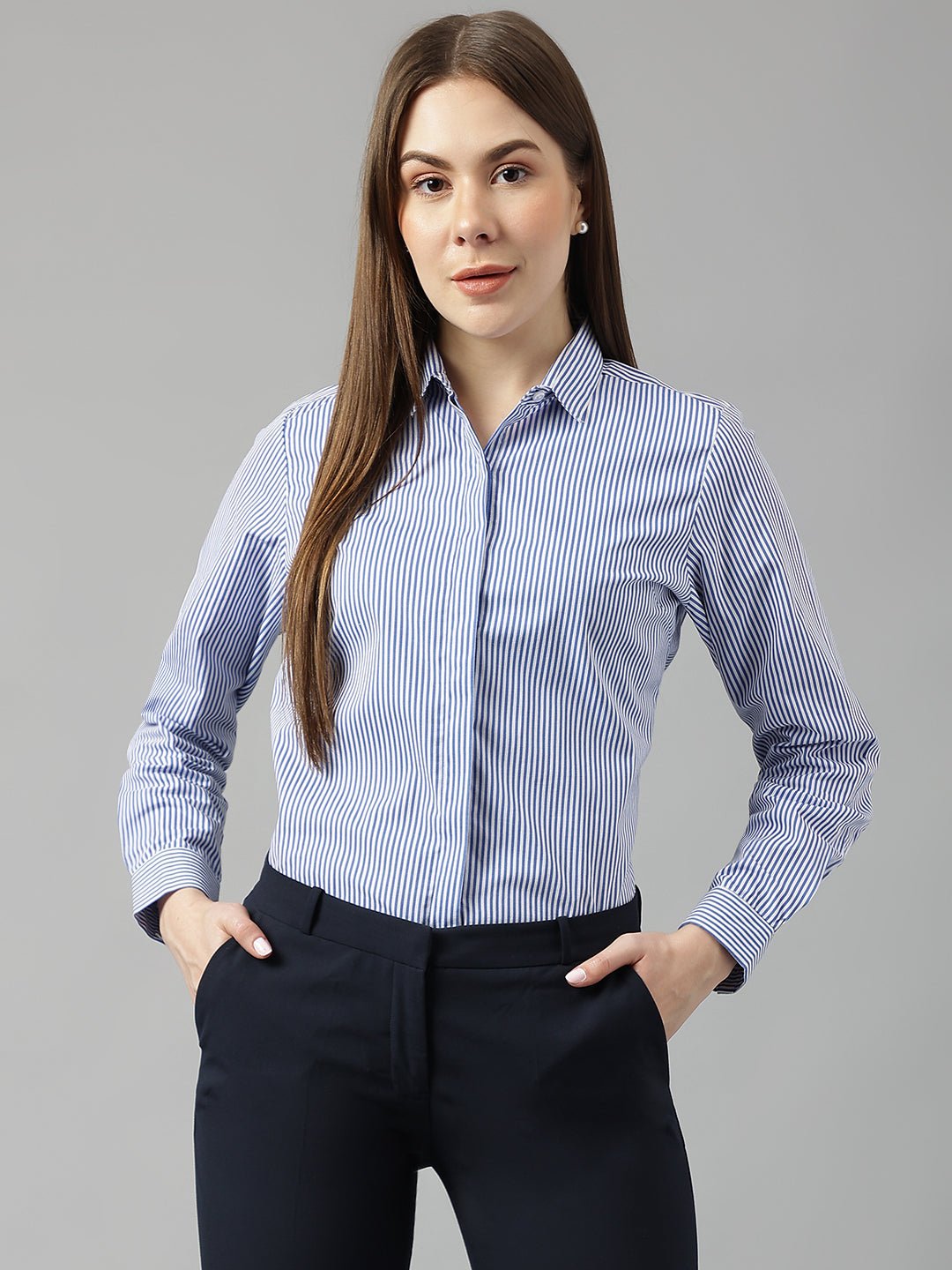Women White&Blue Stripes Pure Cotton Slim Fit Formal Shirt - #folk republic#