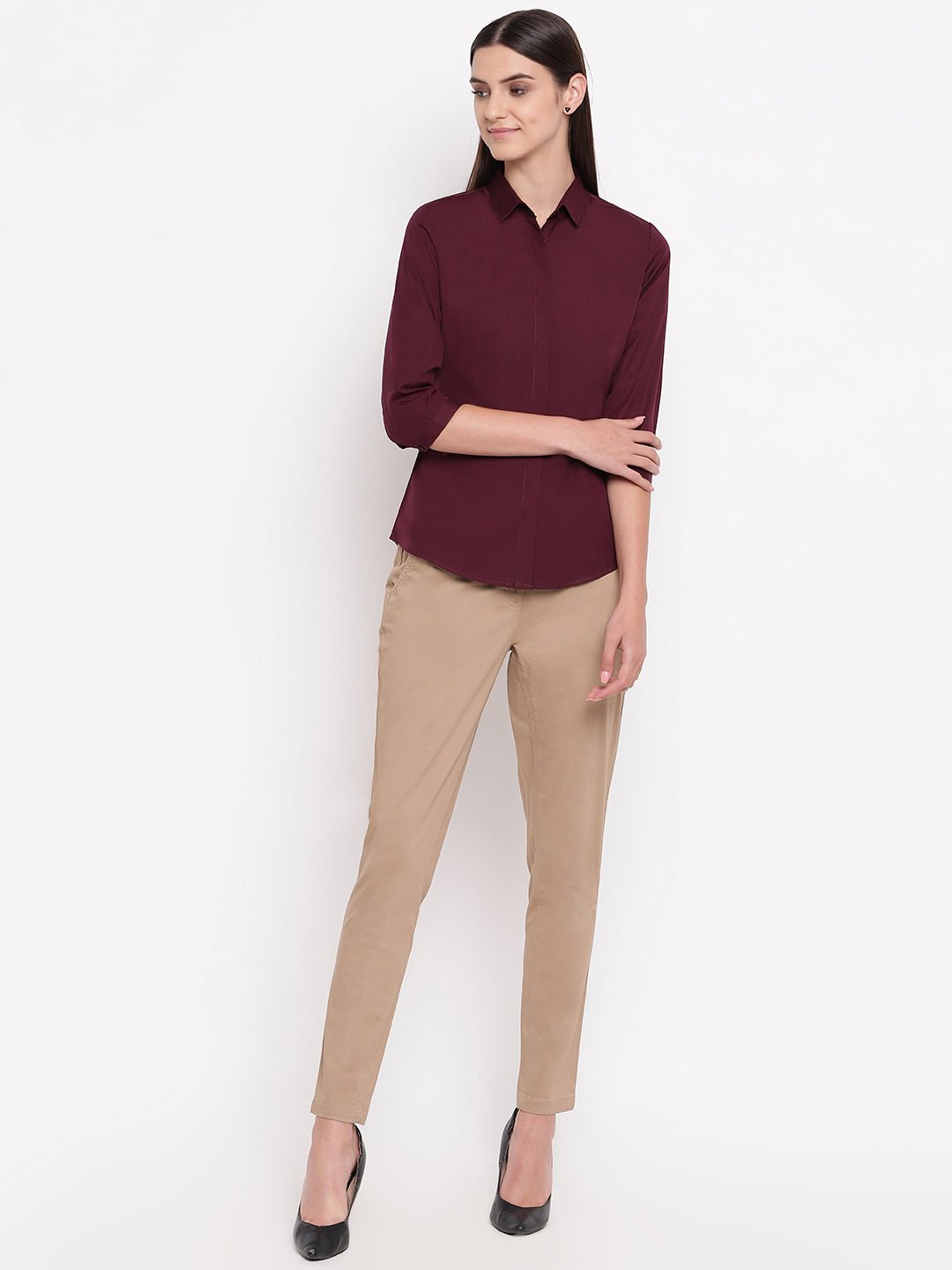 Women Wine Pure Cotton Solid Slim Fit Formal Shirt - #folk republic#