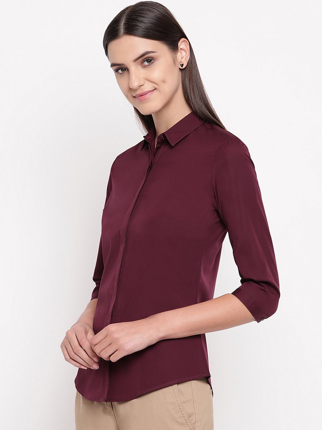 Women Wine Pure Cotton Solid Slim Fit Formal Shirt - #folk republic#