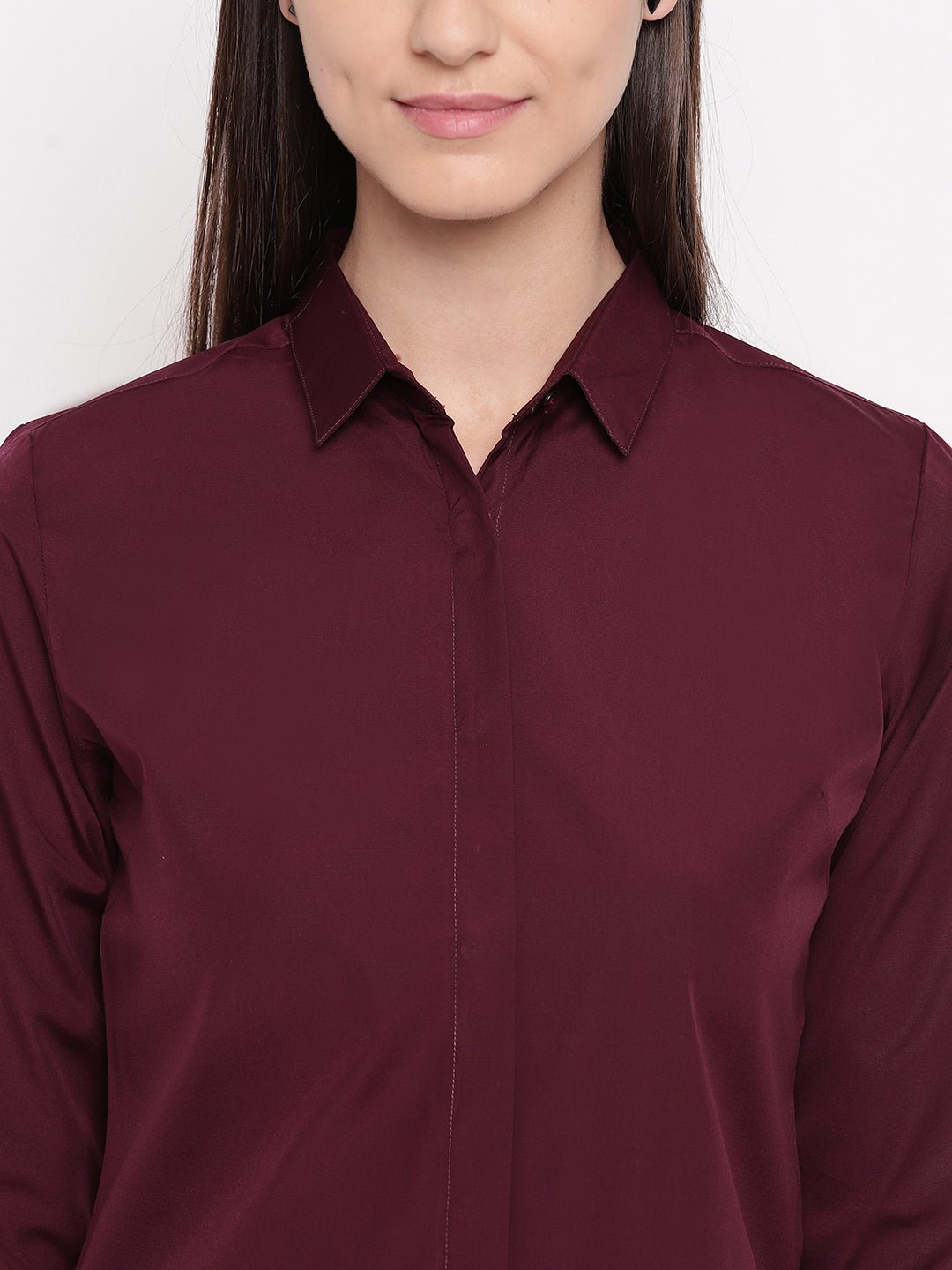 Women Wine Pure Cotton Solid Slim Fit Formal Shirt - #folk republic#