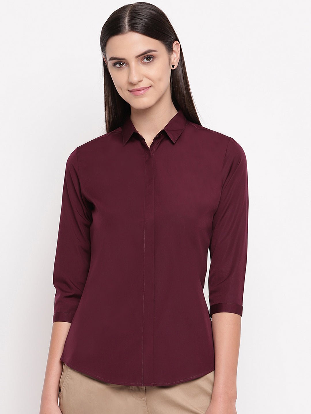 Women Wine Pure Cotton Solid Slim Fit Formal Shirt - #folk republic#