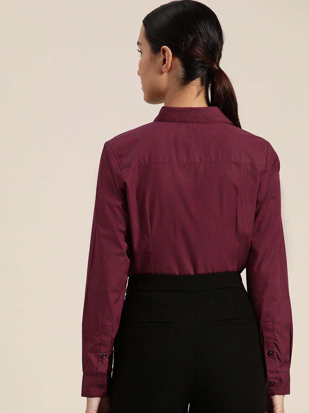 Women Wine Solid Pure Cotton Regular Fit Formal Shirt - #folk republic#