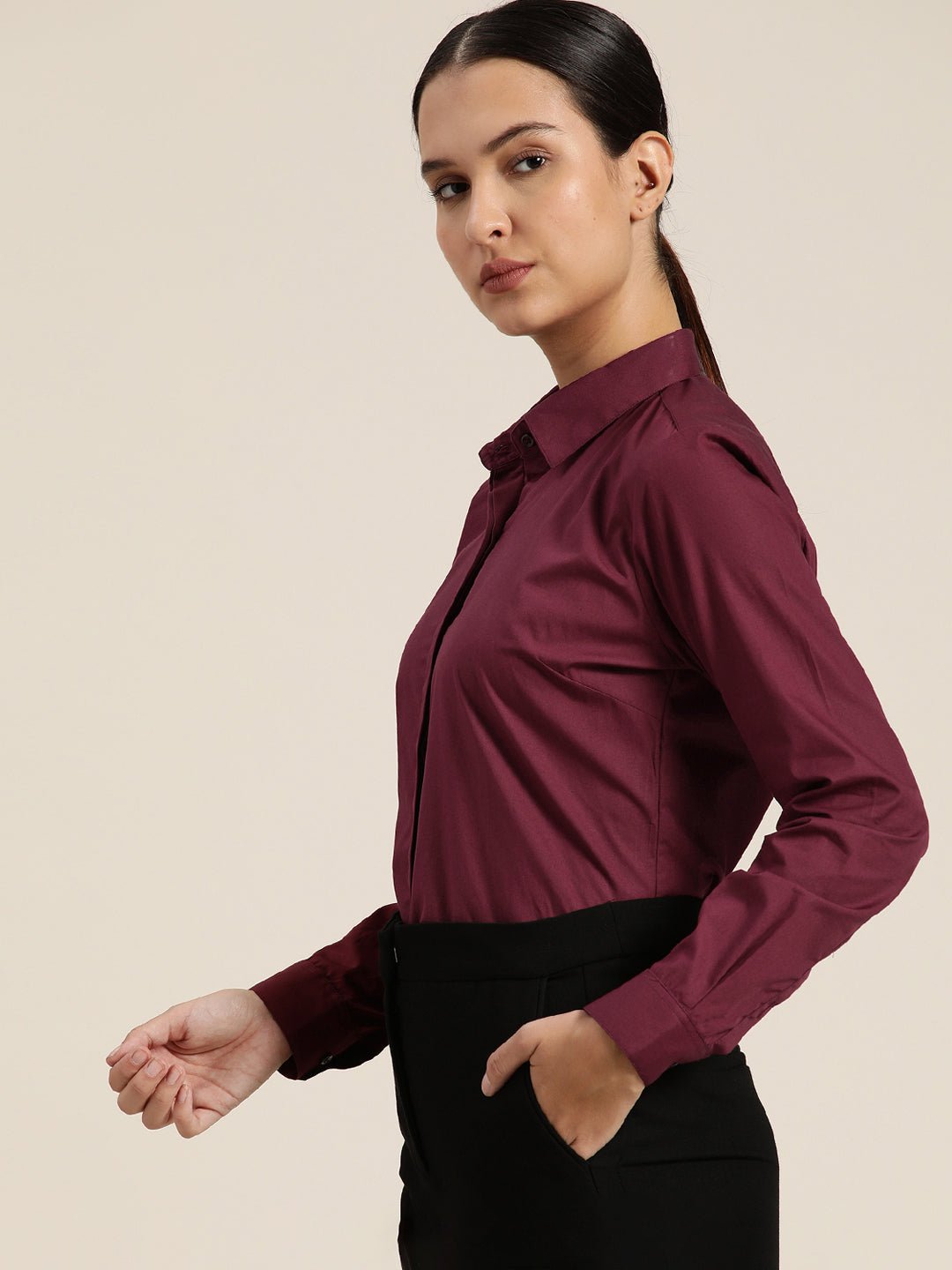 Women Wine Solid Pure Cotton Regular Fit Formal Shirt - #folk republic#