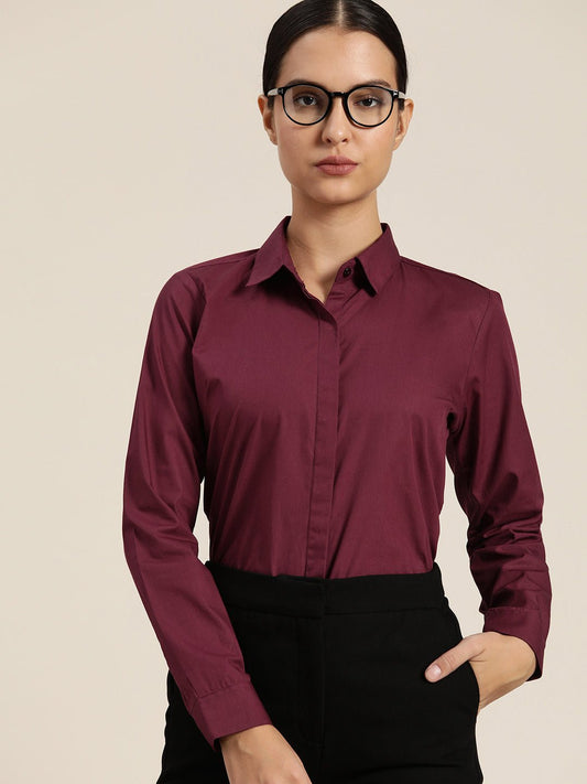Women Wine Solid Pure Cotton Regular Fit Formal Shirt - #folk republic#