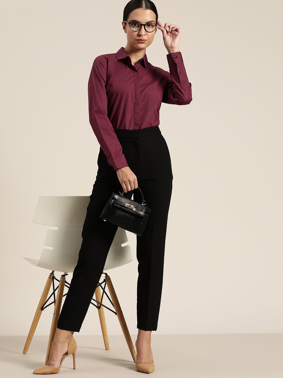 Women Wine Solid Pure Cotton Regular Fit Formal Shirt - #folk republic#