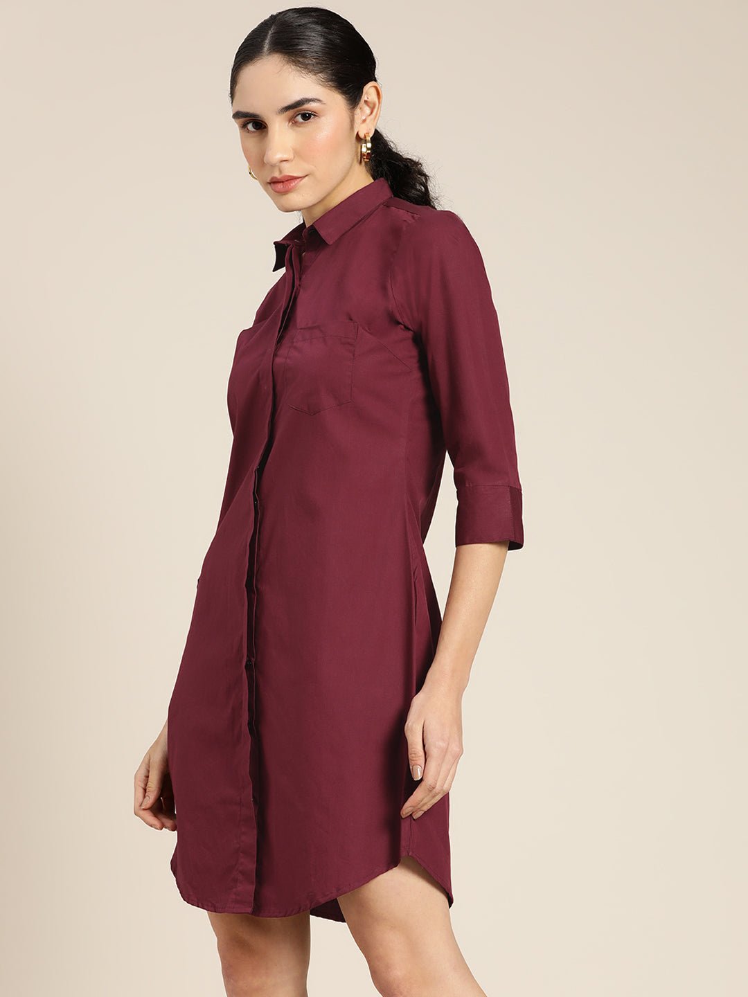 Women Wine Solid Pure Cotton Regular Fit Shirt Dress - #folk republic#