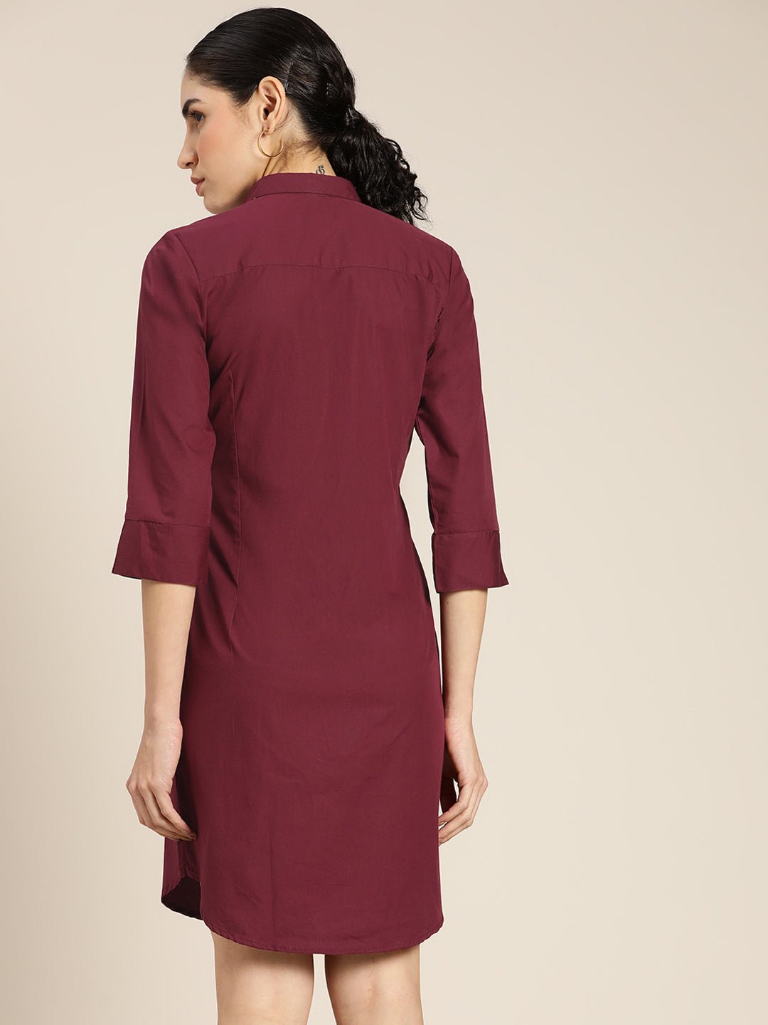 Women Wine Solid Pure Cotton Regular Fit Shirt Dress - #folk republic#