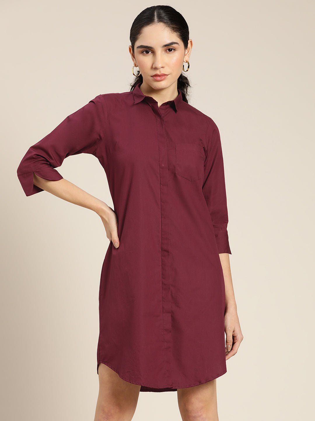 Women Wine Solid Pure Cotton Regular Fit Shirt Dress - #folk republic#
