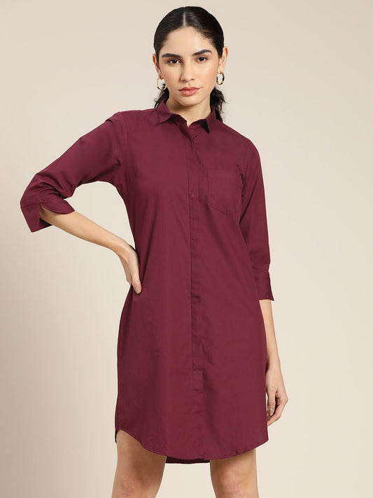 Women Wine Solid Pure Cotton Regular Fit Shirt Dress - #folk republic#