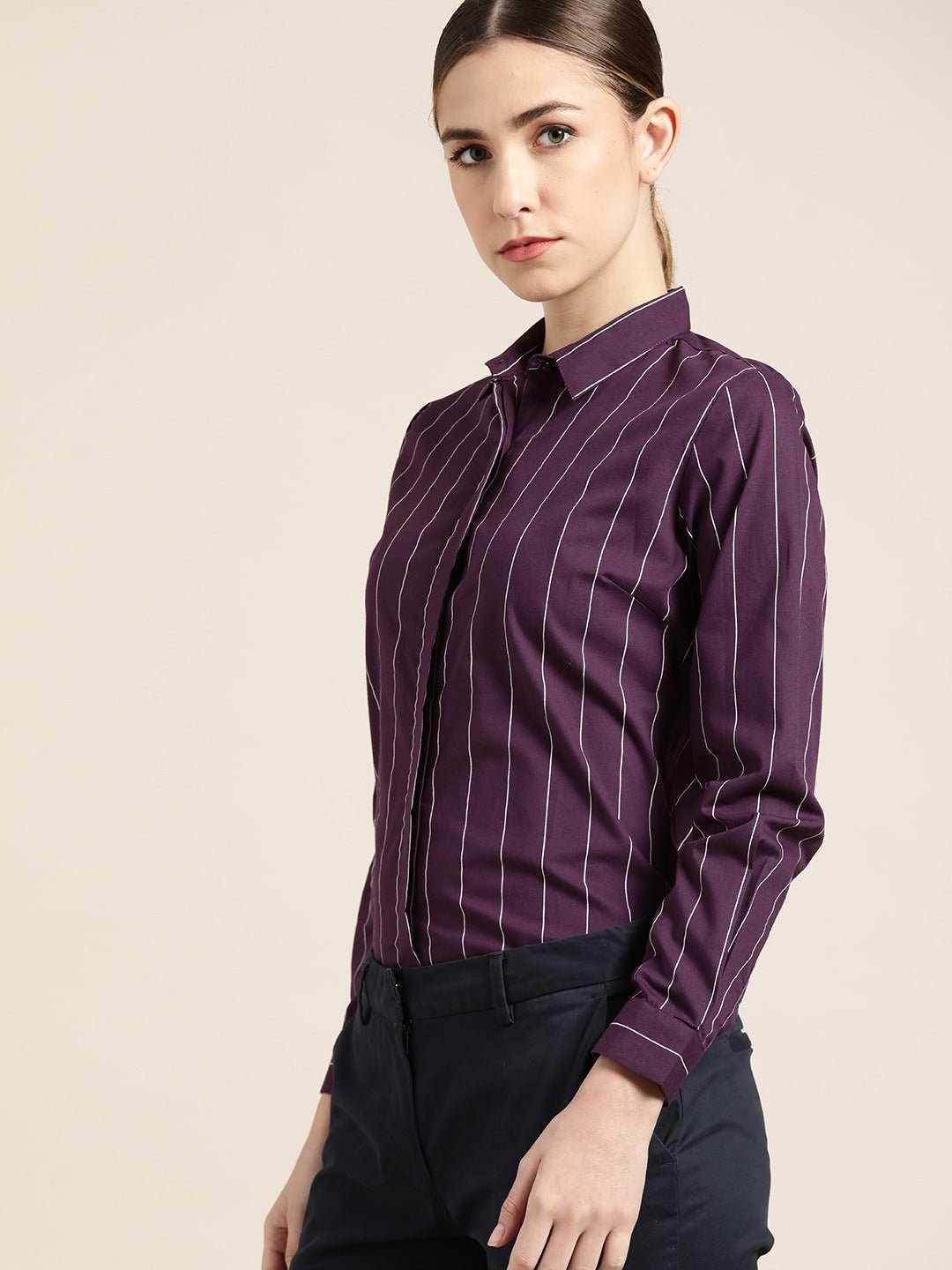 Women Wine Striped Pure Cotton Slim Fit Formal Shirt - #folk republic#