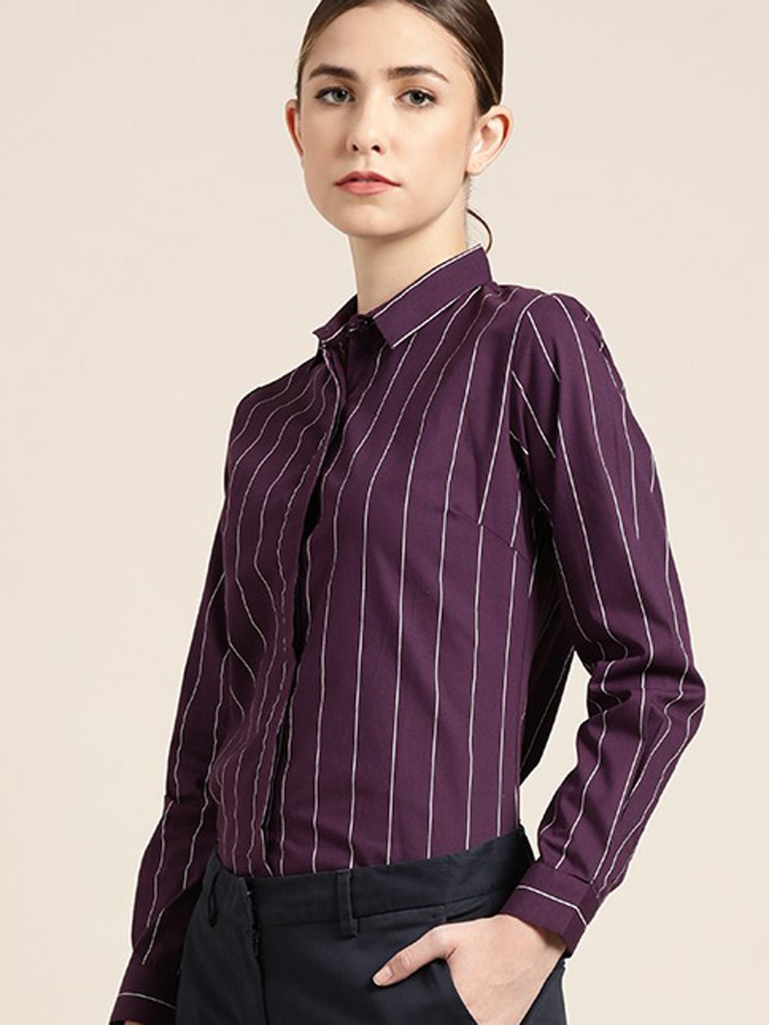 Women Wine Striped Pure Cotton Slim Fit Formal Shirt - #folk republic#