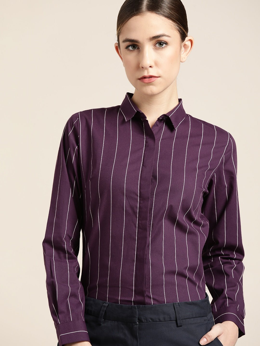 Women Wine Striped Pure Cotton Slim Fit Formal Shirt - #folk republic#