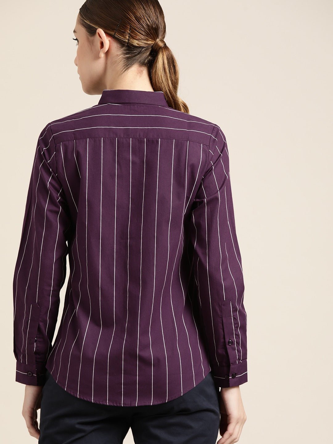 Women Wine Striped Pure Cotton Slim Fit Formal Shirt - #folk republic#