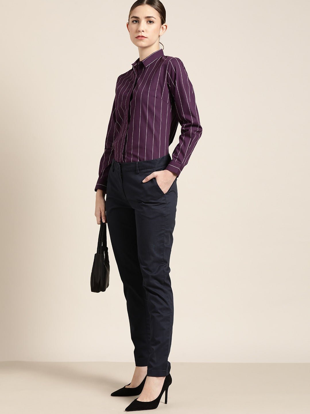 Women Wine Striped Pure Cotton Slim Fit Formal Shirt - #folk republic#