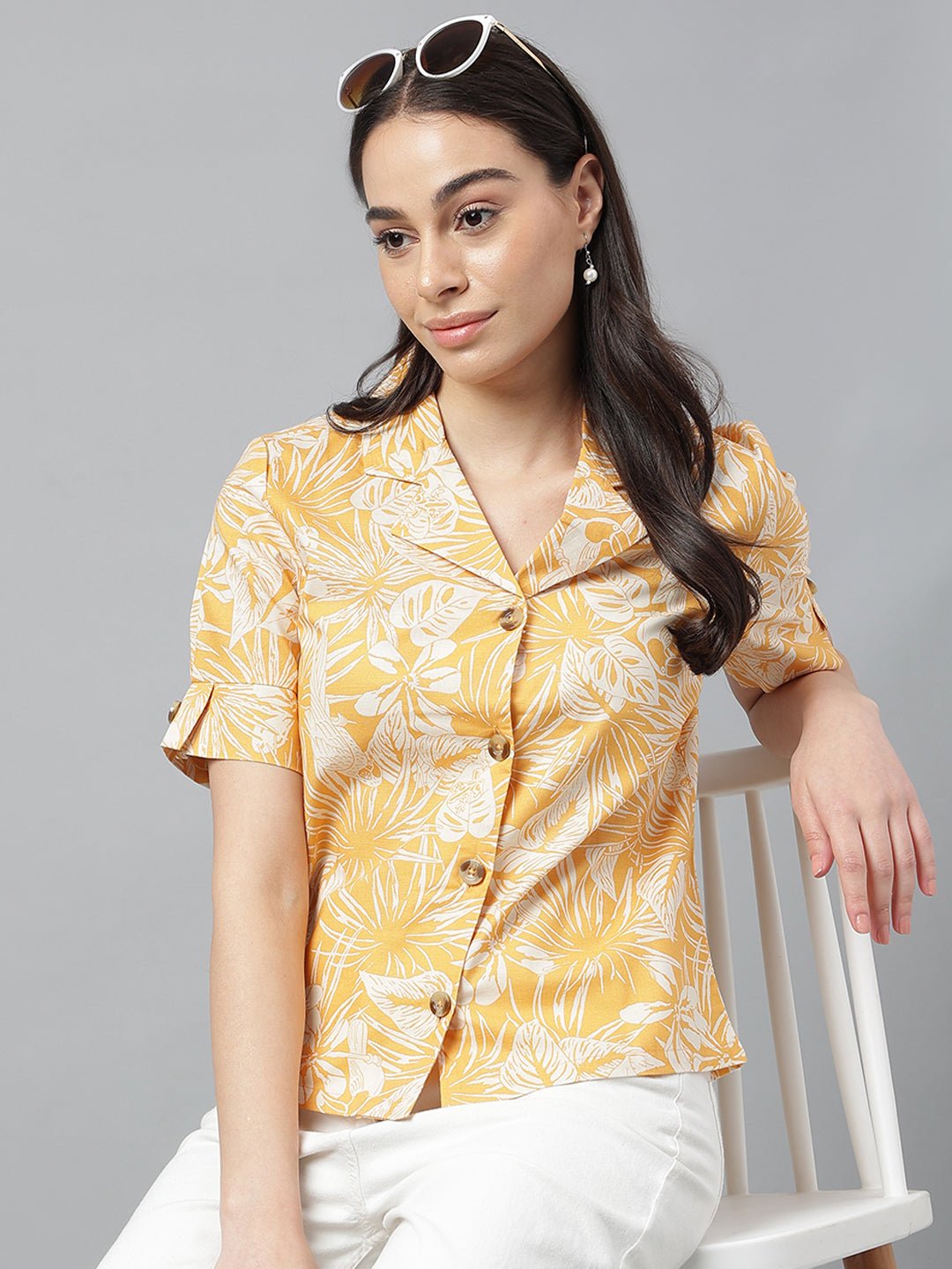 Women Yellow &Beige Prints Pure Cotton Regular Fit Casual Shirt - #folk republic#