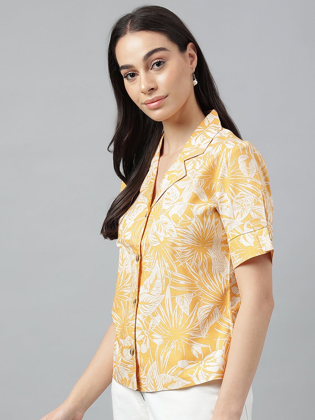 Women Yellow &Beige Prints Pure Cotton Regular Fit Casual Shirt - #folk republic#