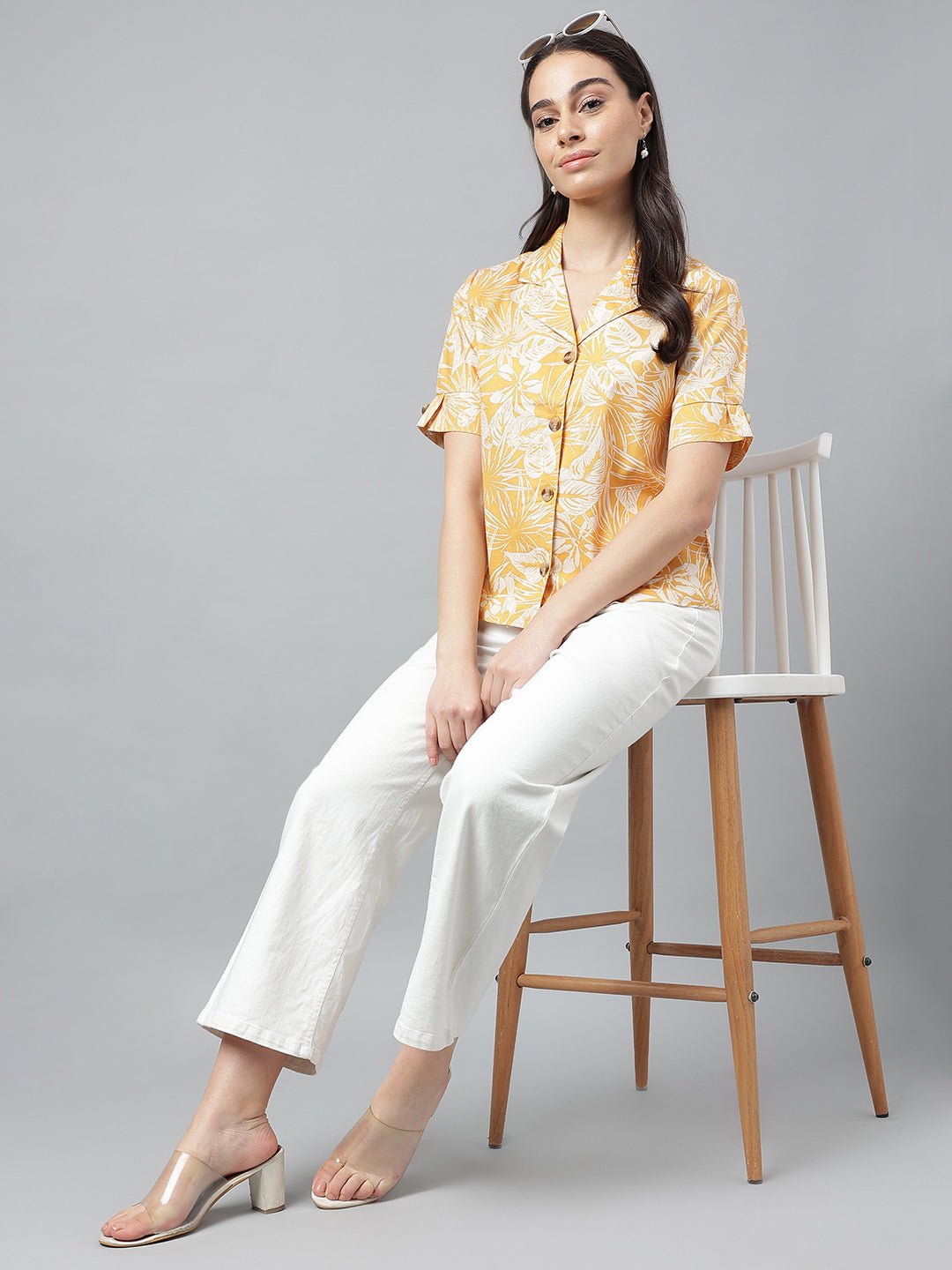 Women Yellow &Beige Prints Pure Cotton Regular Fit Casual Shirt - #folk republic#
