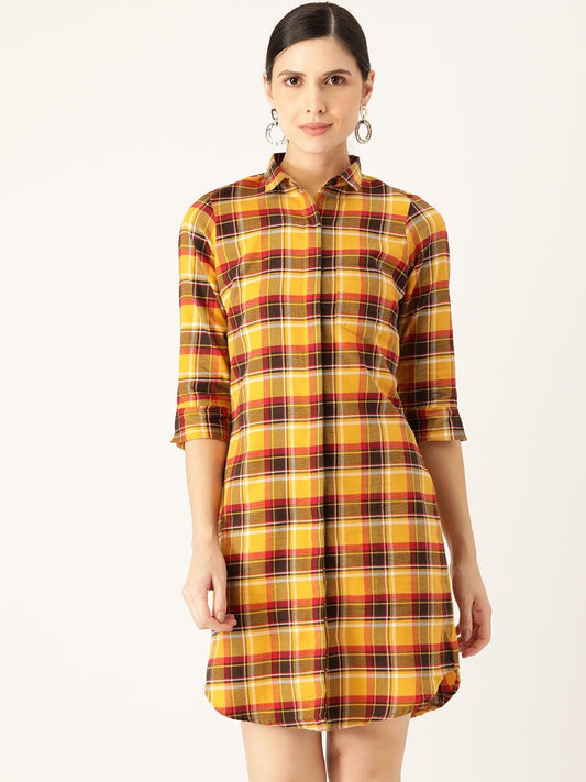 Women Yellow & Maroon Checks Pure Cotton Regular Fit Shirt Dress - #folk republic#