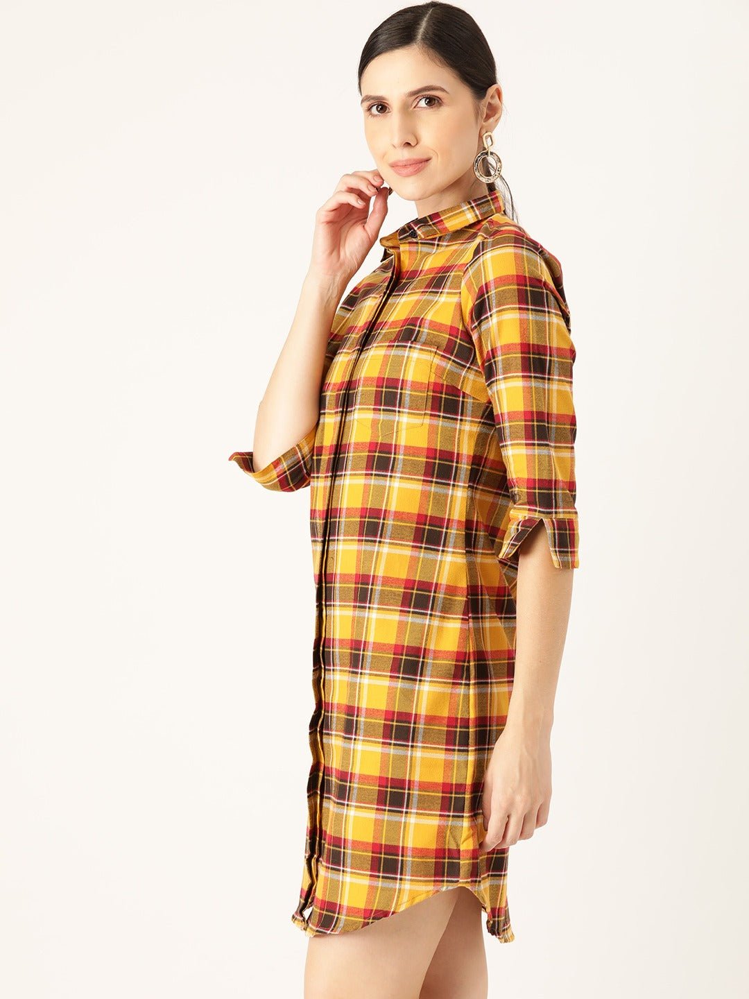 Women Yellow & Maroon Checks Pure Cotton Regular Fit Shirt Dress - #folk republic#