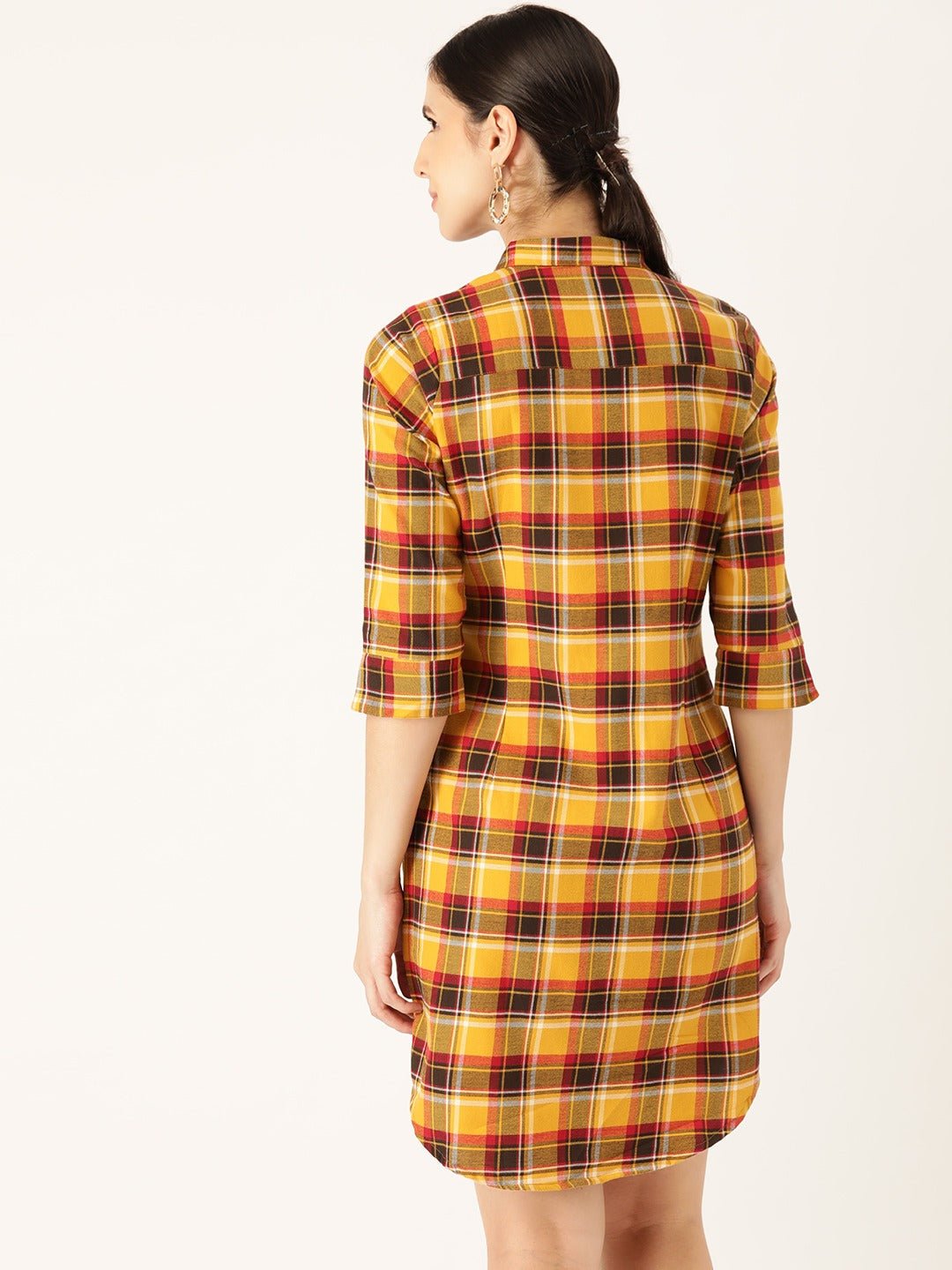 Women Yellow & Maroon Checks Pure Cotton Regular Fit Shirt Dress - #folk republic#