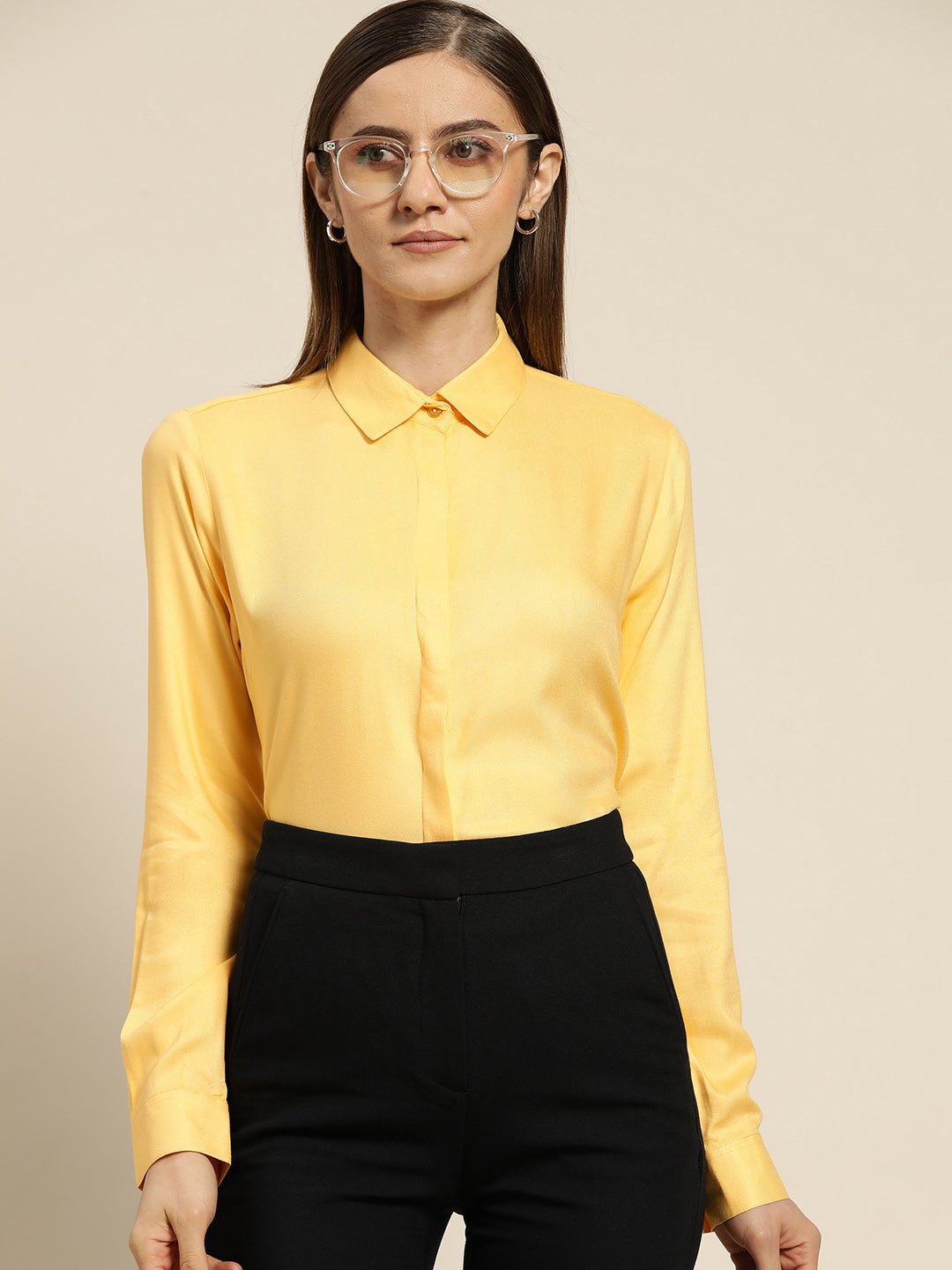 Women Yellow Solid Viscose Rayon Regular Fit Formal Shirt - #folk republic#