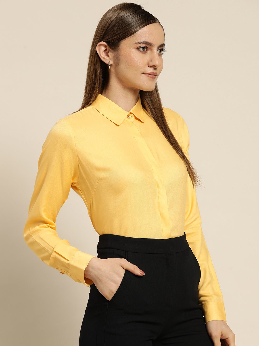 Women Yellow Solid Viscose Rayon Regular Fit Formal Shirt - #folk republic#