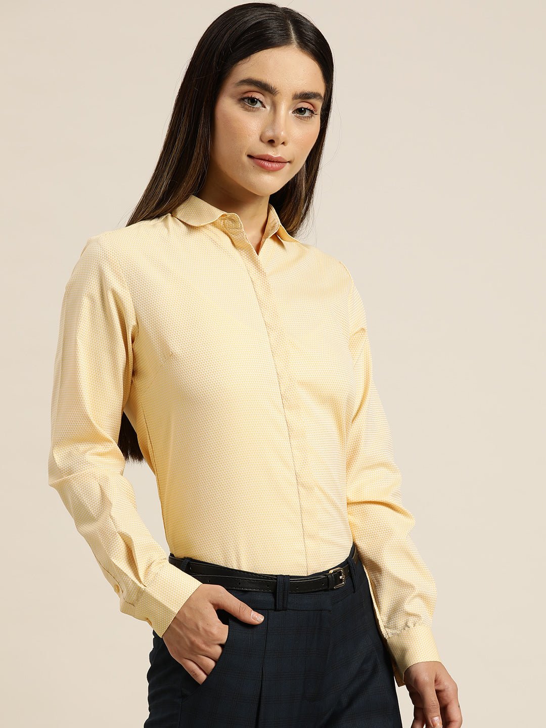 Women Yellow Solids Cotton Rich Slim Fit Formal Shirt - #folk republic#