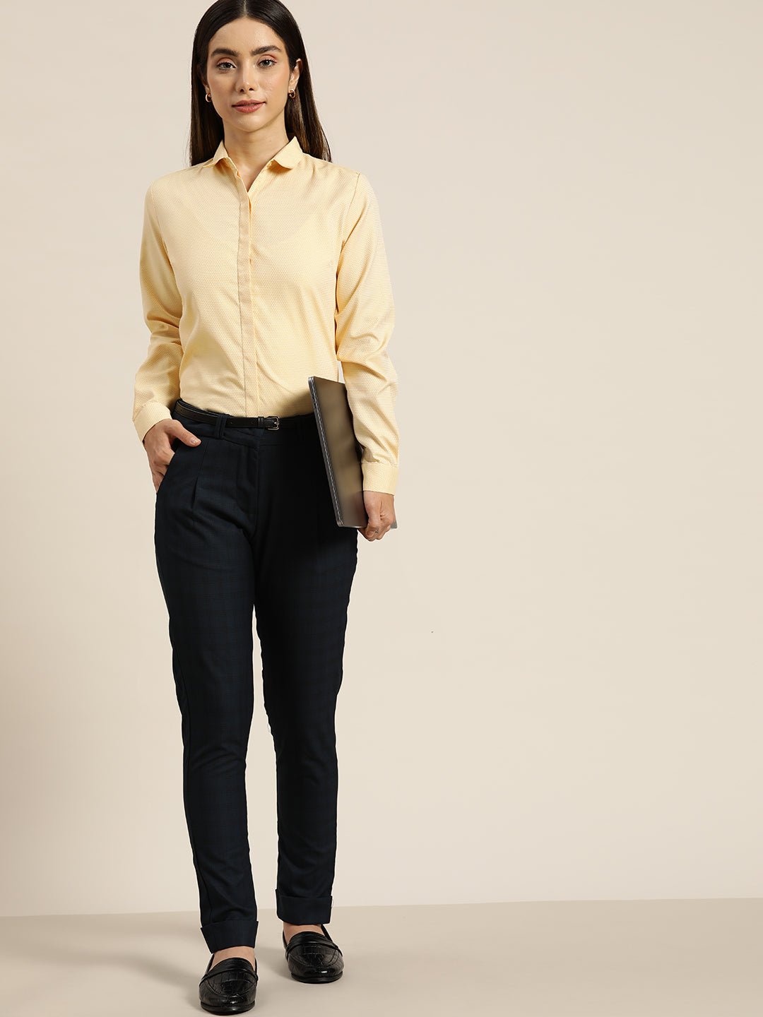 Women Yellow Solids Cotton Rich Slim Fit Formal Shirt - #folk republic#